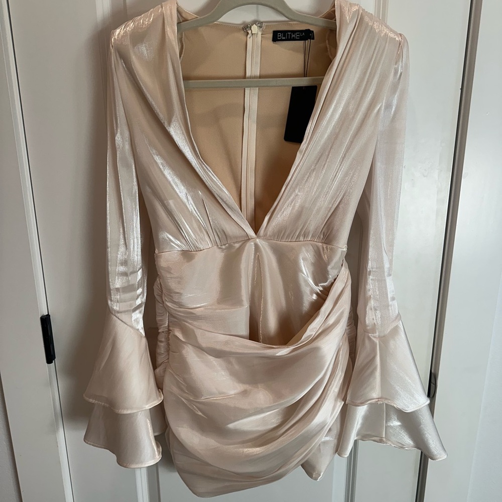 Low Cut Champagne Long Sleeve Mini Dress- NWT